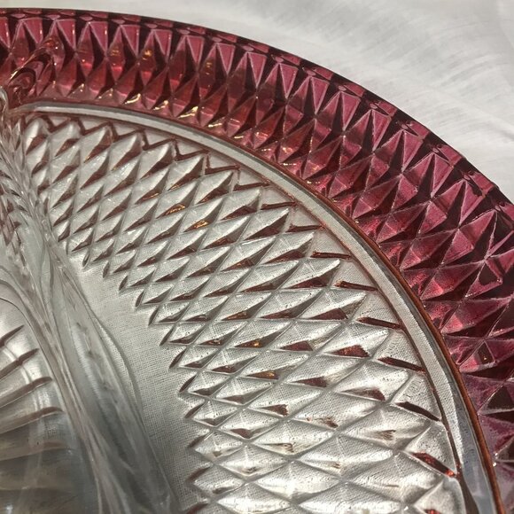 Vintage Indiana Glass Diamond Cut Glass Relish Tray With Ruby Rim 3 Sections 12" - Picture 9 of 9